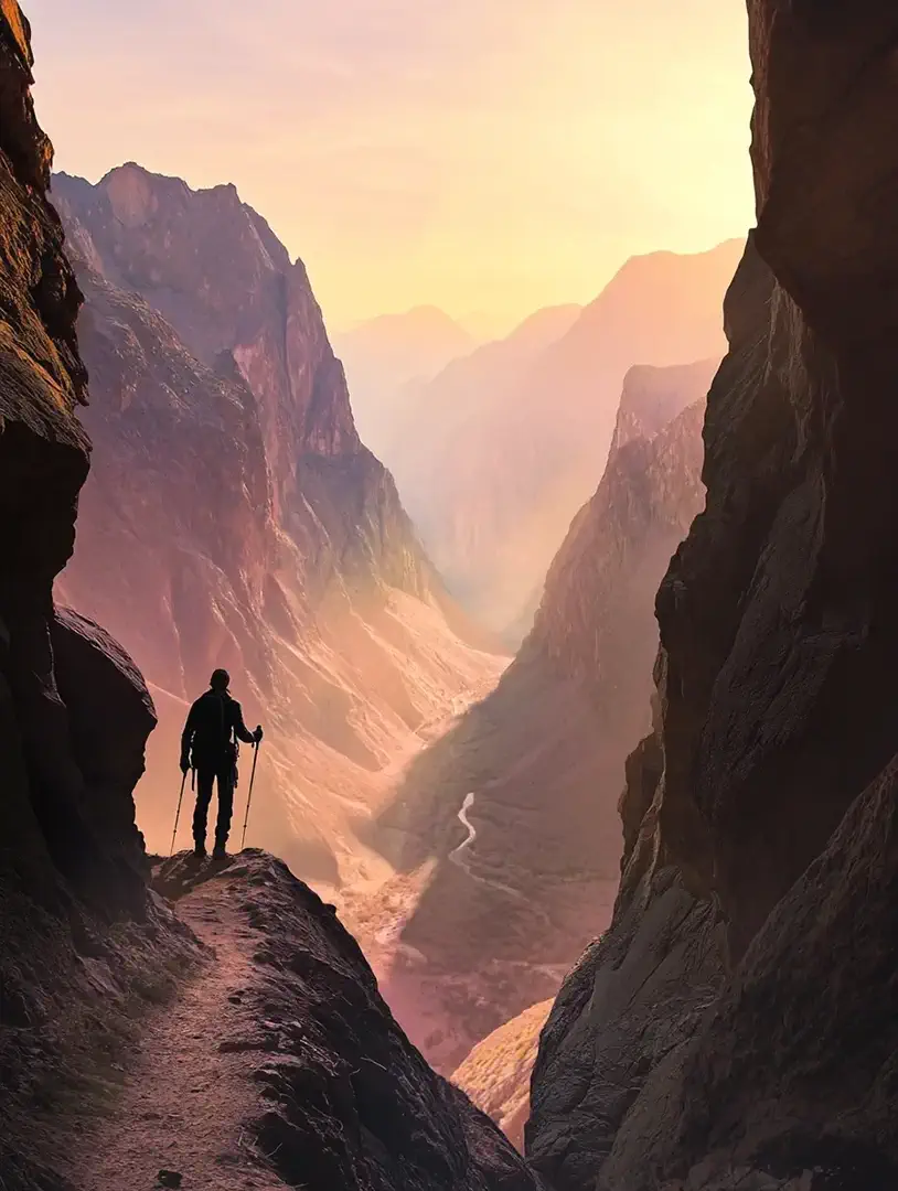 Silhouette d’un randonneur au lever du soleil dans un canyon majestueux — incarne l’esprit des aventures Trekks où chaque expédition devient une quête à travers des paysages grandioses et des défis à débloquer comme dans un RPG.