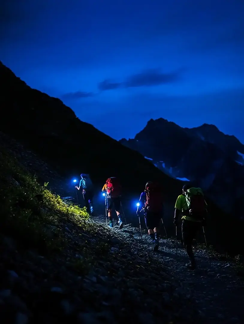 Groupe de trekkeurs en ascension nocturne, éclairés par des lampes frontales — symbole d’un défi épique de l’univers Trekks, mêlant exploration en haute montagne, entraide, progression en équipe et ambiance immersive digne d’un jeu vidéo.