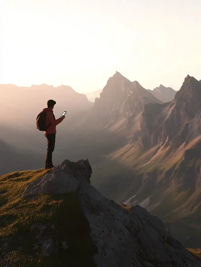 Explorateur connecté sur les hauteurs, contemplant une vallée au coucher du soleil — représentation de l’expérience Trekks, entre nature et technologie, où le trekking devient interactif grâce à une carte, des objectifs et un système de progression.