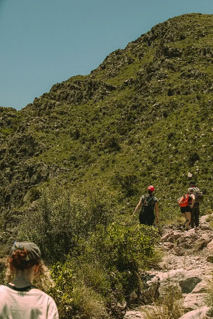 Trekkeurs en pleine ascension sur un sentier rocailleux au cœur d’une végétation sauvage — expérience Trekks collaborative où l’esprit d’équipe, les défis à relever et la progression à plusieurs enrichissent l’aventure.